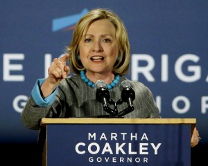 Hillary Clinton at Friday’s rally for Martha Coakley, courtesy of USA Today. 